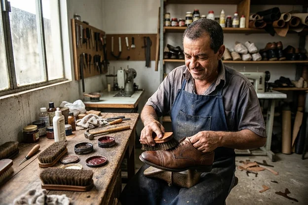 Sapato sendo cuidado e tratado com produtos específicos.